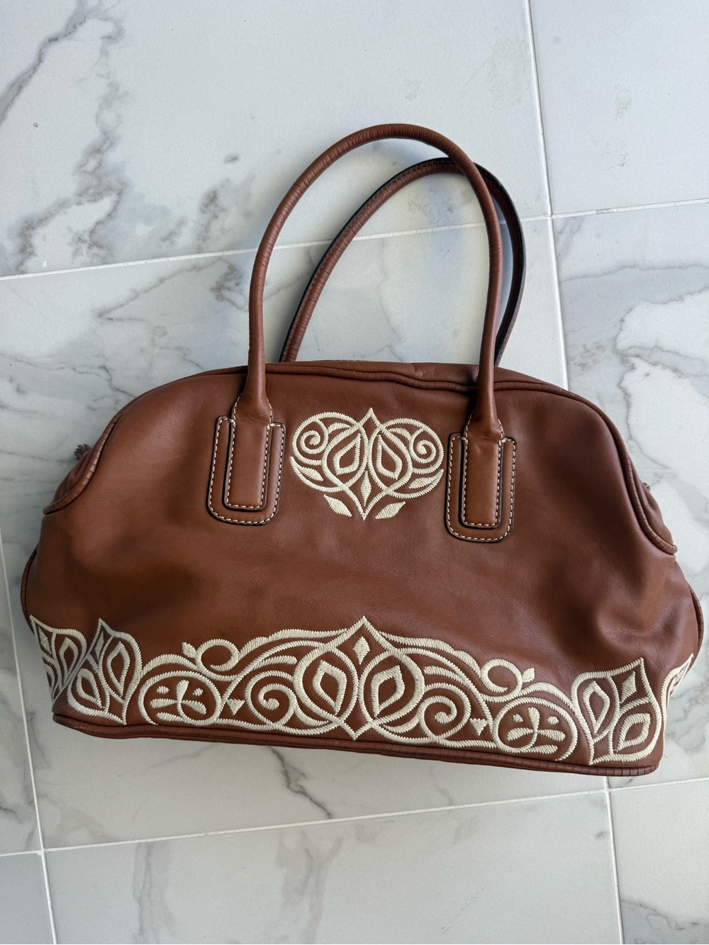 RARE Antonio Melani Brown Leather Embroidered Satchel Bag Y2K Boho